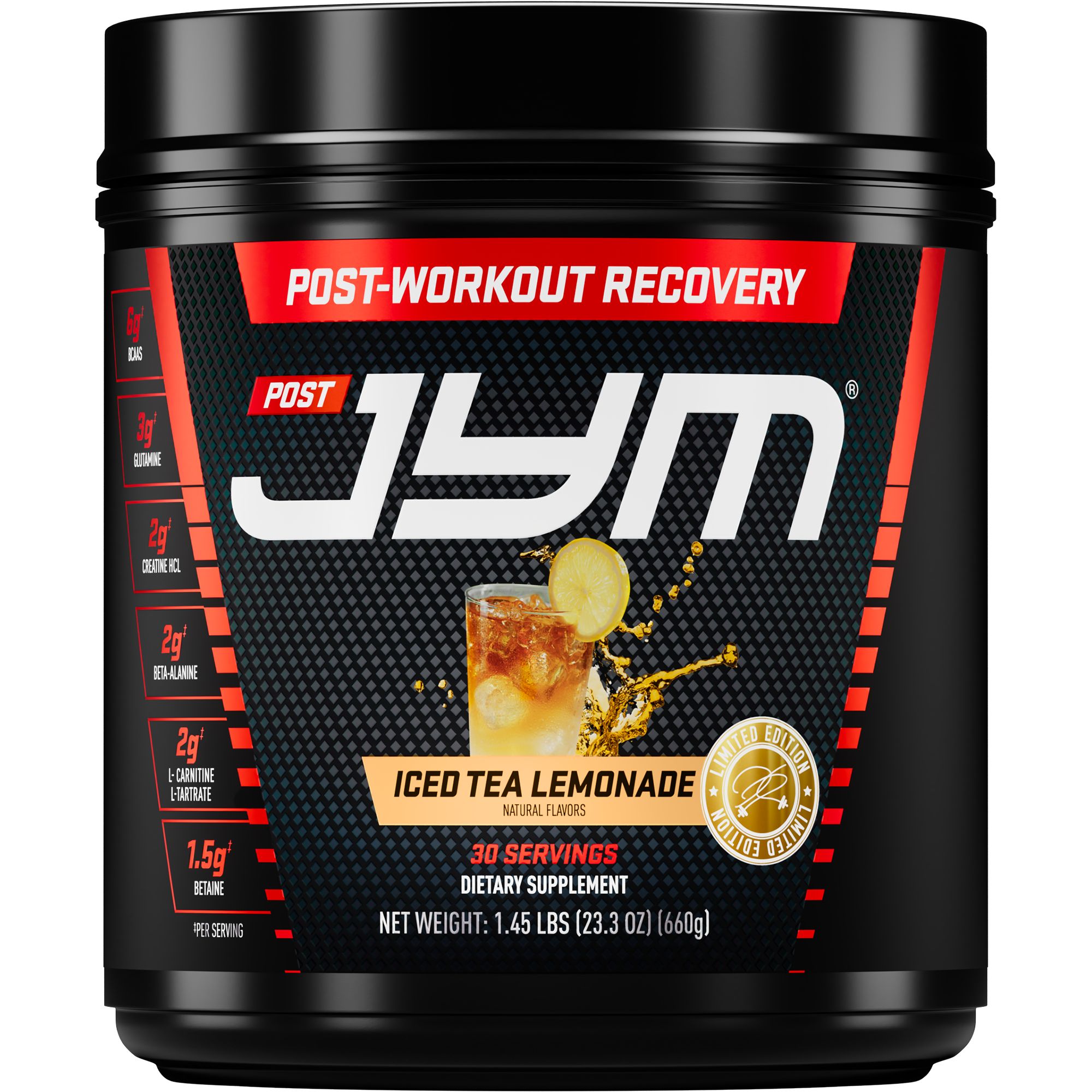 Black container of Post Jym post-workout recovery supplement with iced tea lemonade flavor on a white background