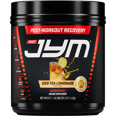 Black container of Post Jym post-workout recovery supplement with iced tea lemonade flavor on a white background