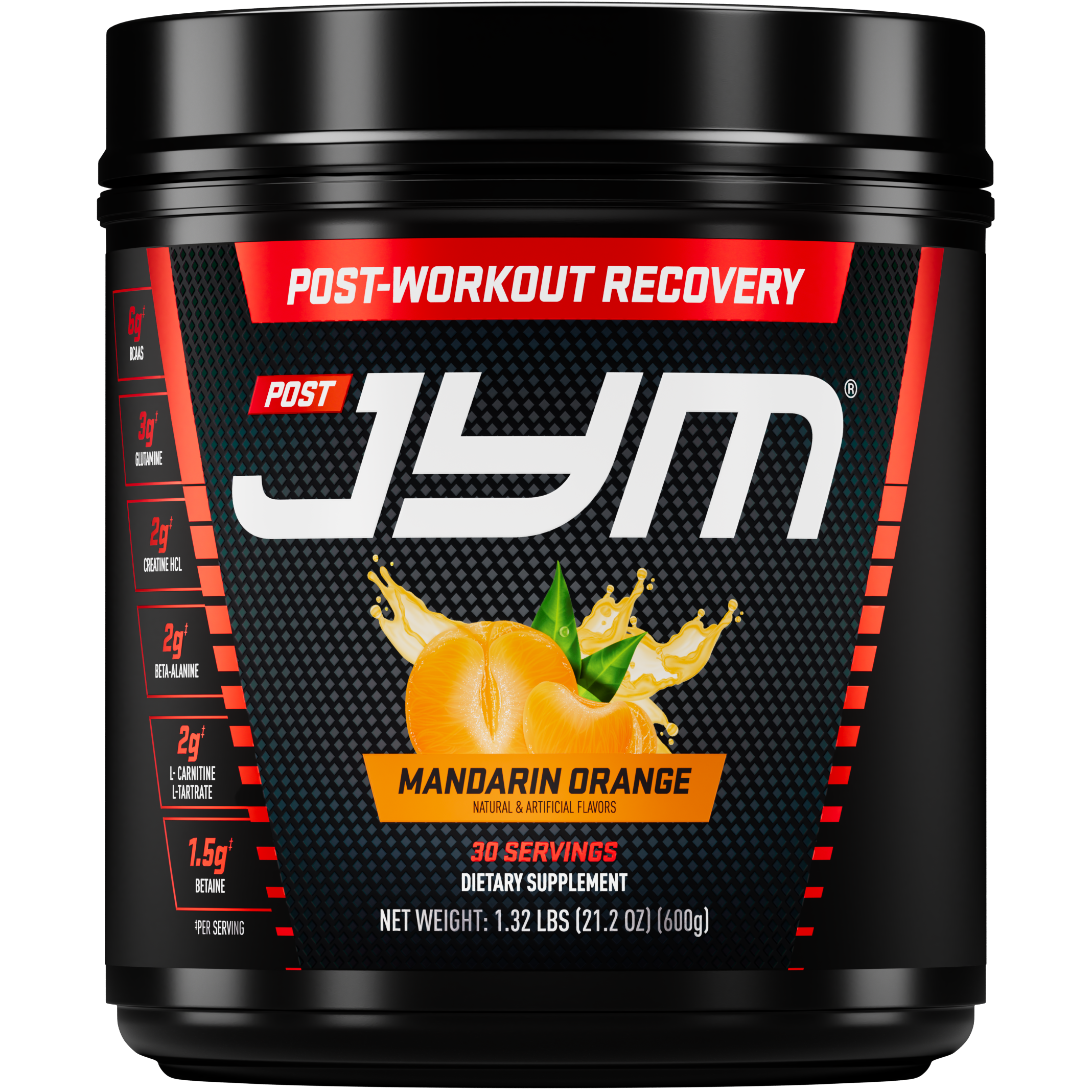 A black tub of JYM Post-Workout Recovery powder in Mandarin Orange flavor, shown on a plain white background. - image 31 of 33