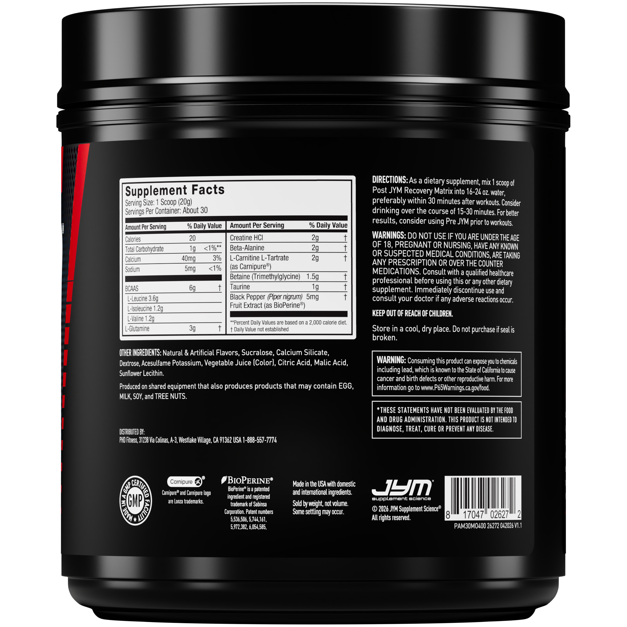 The back of a large black plastic tub of JHM supplement powder, showing the Supplement Facts panel and other regulatory text, on a plain white studio background. - image 32 of 33
