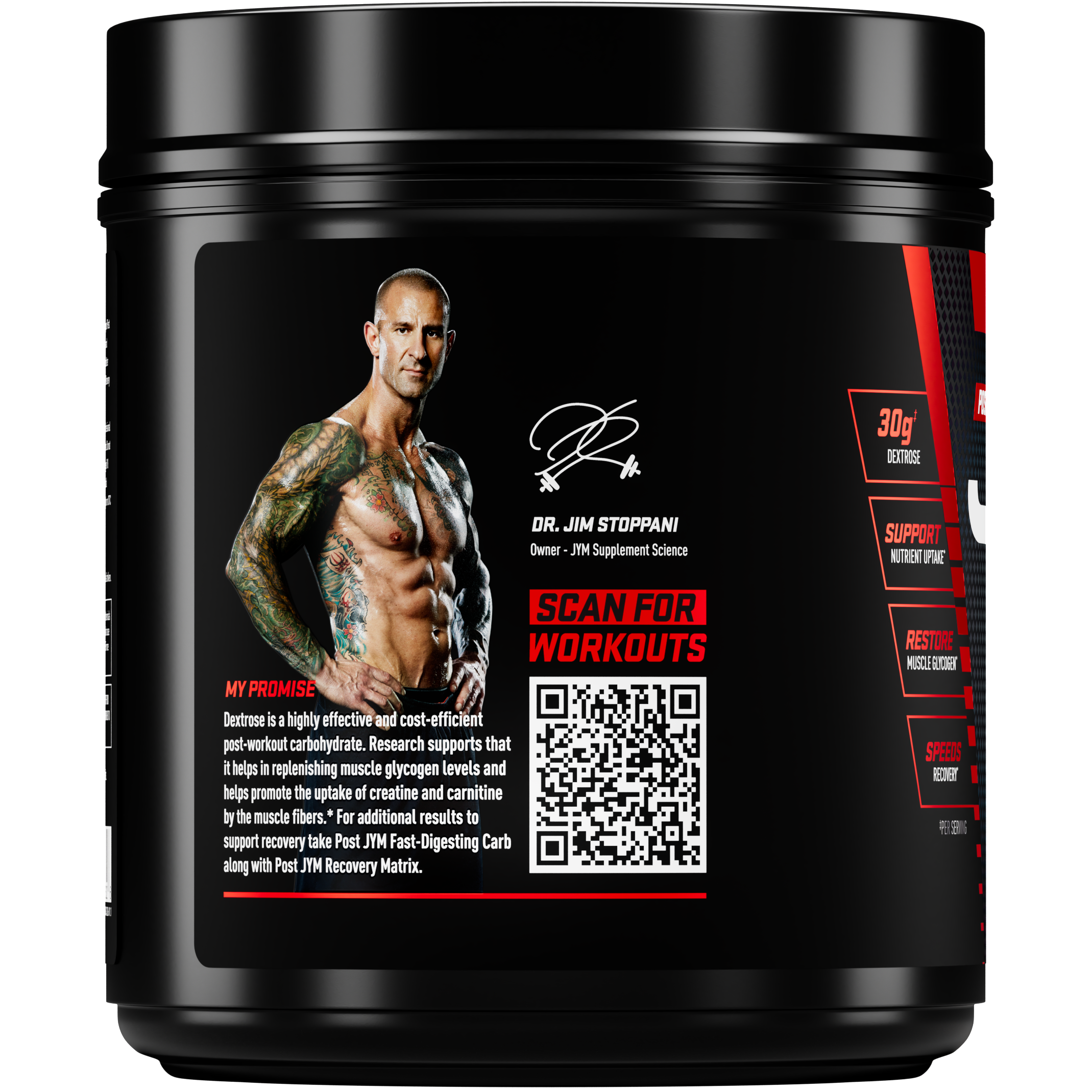 A black tub of Dr. Jim Stoppani Seai for Workouts dietary supplement powder, featuring a black label with a photo of the creator, a QR code, and red and white text accents. - image 9 of 9
