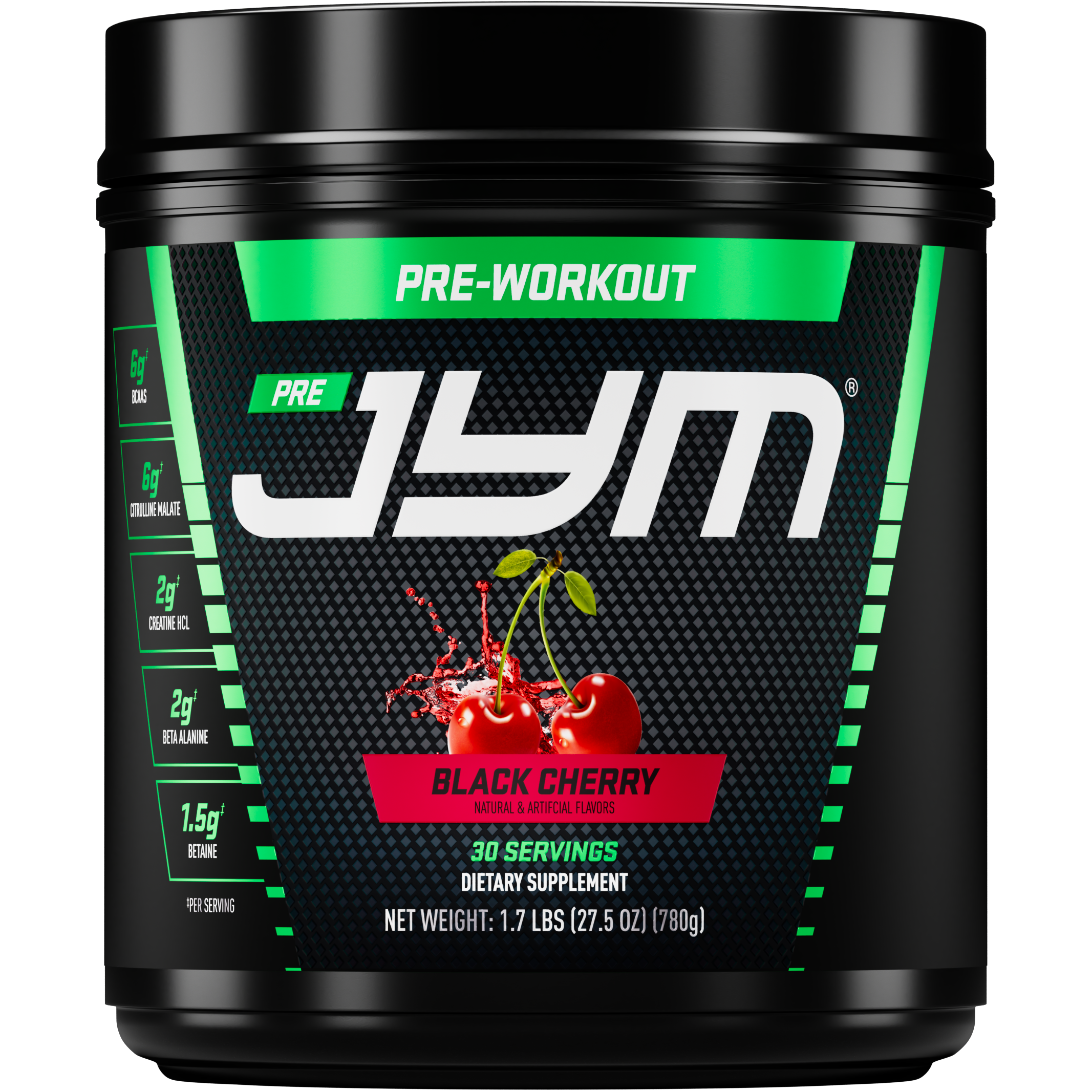 A black tub of JYM Pre-Workout supplement in Black Cherry flavor, featuring a green and black label with a cherry graphic, on a solid white background. - image 37 of 52