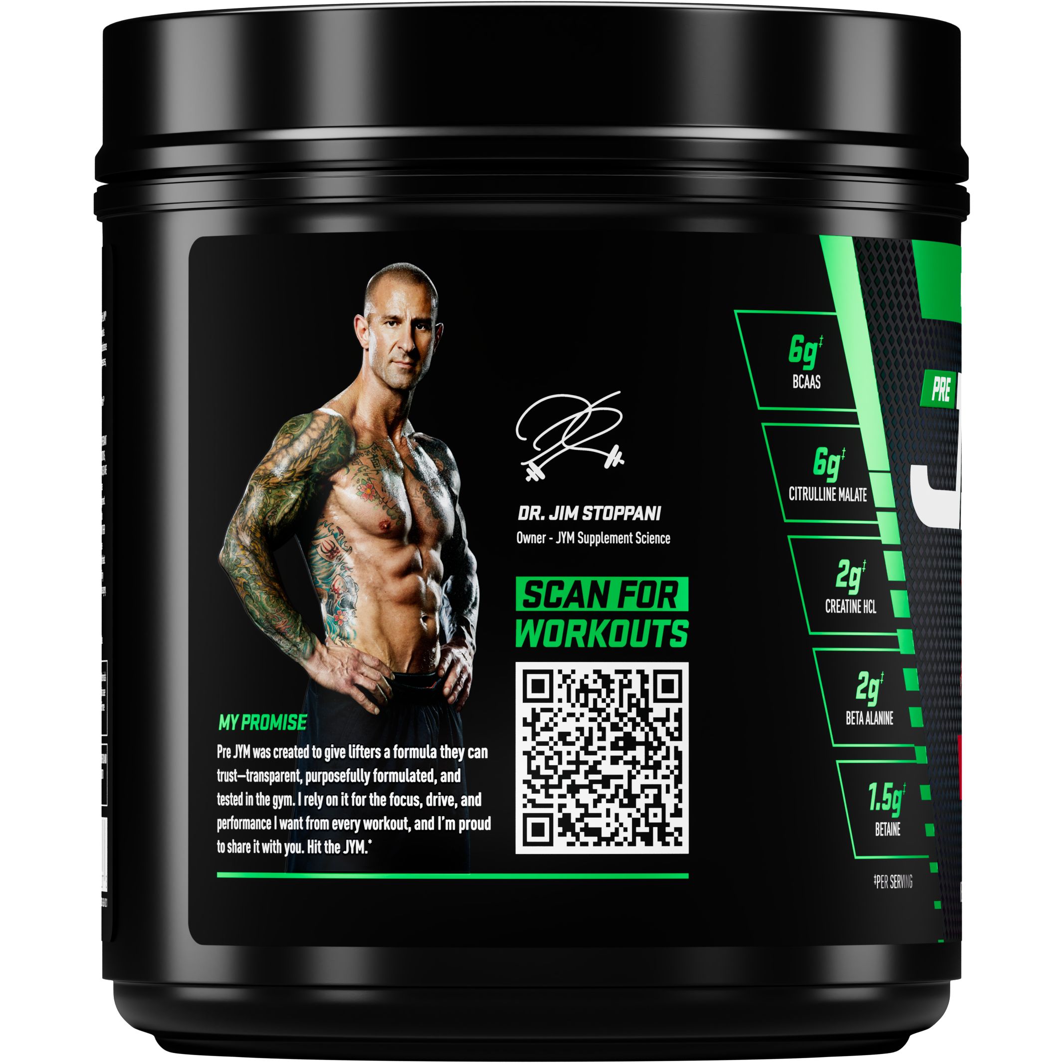 A black tub of Dr. Jim Stoppani Scan For Workouts dietary supplement powder on a plain white background. - image 39 of 52