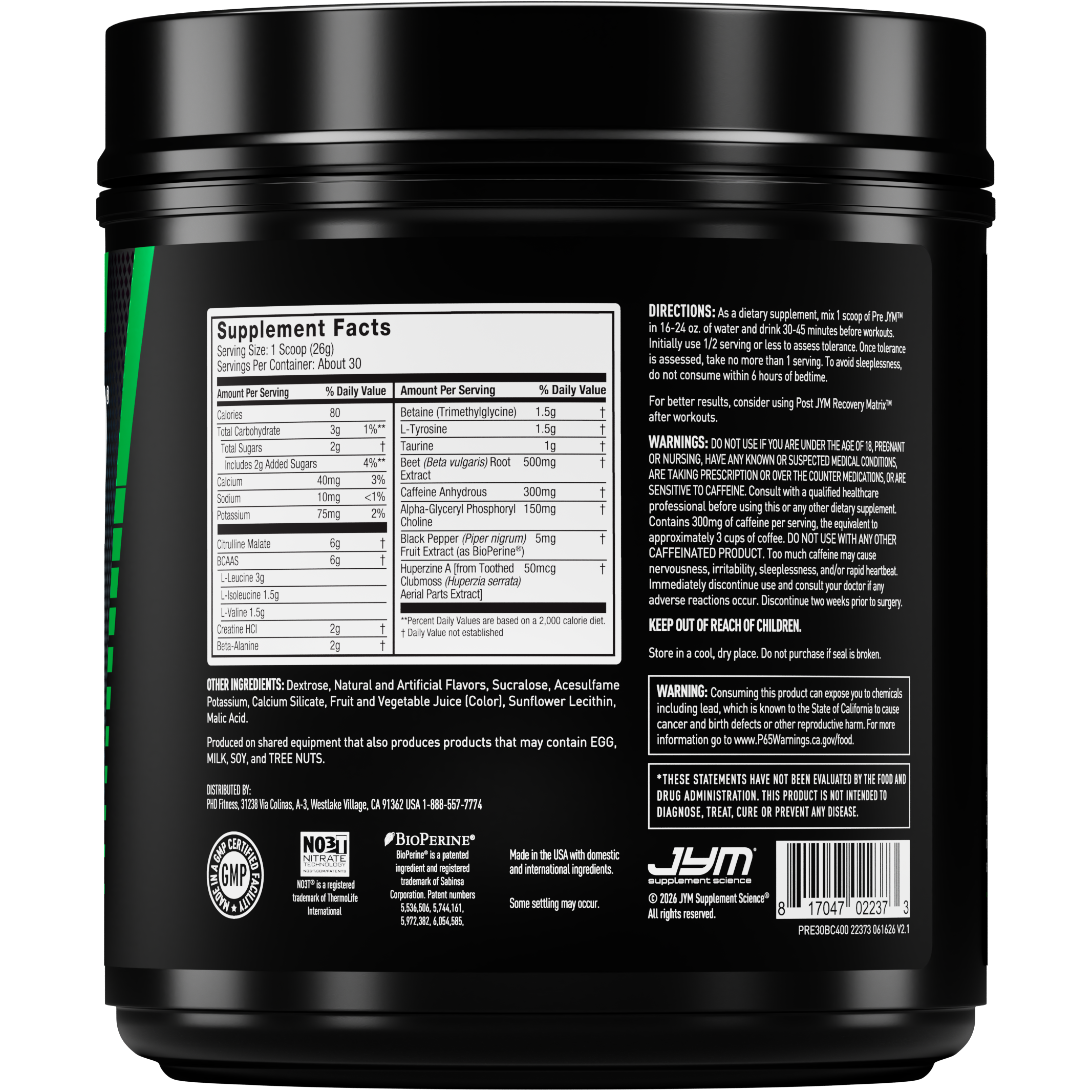 A black plastic tub of JYM Performance supplements, shown from the back to display the supplement facts label, ingredients, and directions on a solid white background. - image 38 of 52