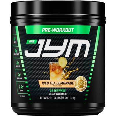 Pre-workout supplement container labeled 'Pre Jym' with iced tea lemonade flavor on a black background.