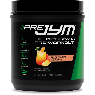Pre JYM High-Performance Pre-Workout tub front, Peach Sunrise flavor, 30 servings, 25.4 oz, with ingredient amounts listed.