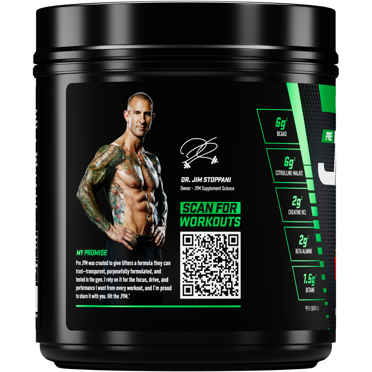 A black tub of Pre JYM with a Scan For Workouts QR Code and Dr. Jim Stoppani with his promise. - image 74 of 93