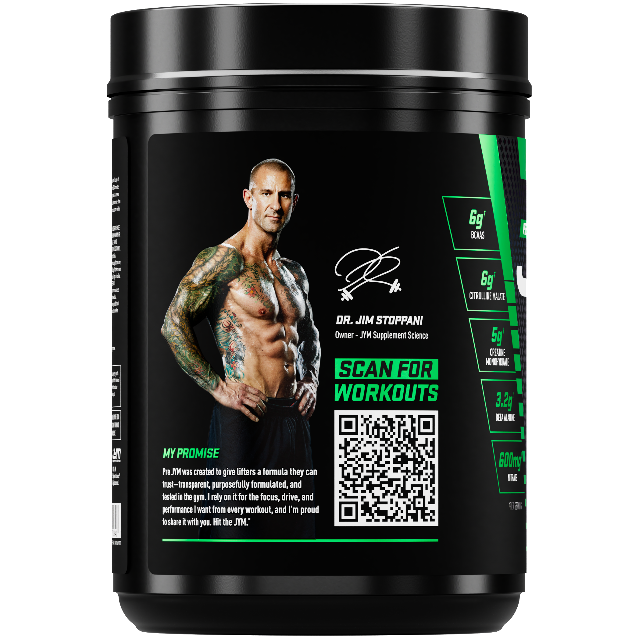 A black tub of Dr. Jim Stoppani's 'My Promise' supplement powder for workouts, featuring a label with a photo of Dr. - image 3 of 18