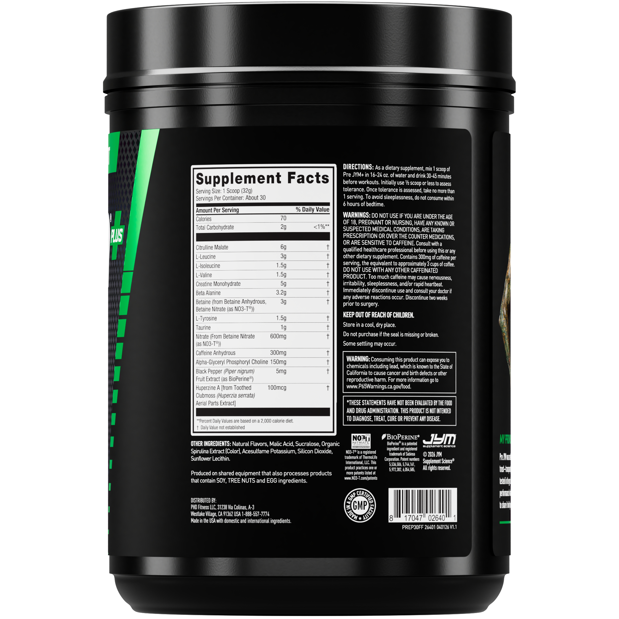 A black plastic tub of a dietary supplement shown from the back, displaying the Supplement Facts label, on a solid white background. - image 2 of 18