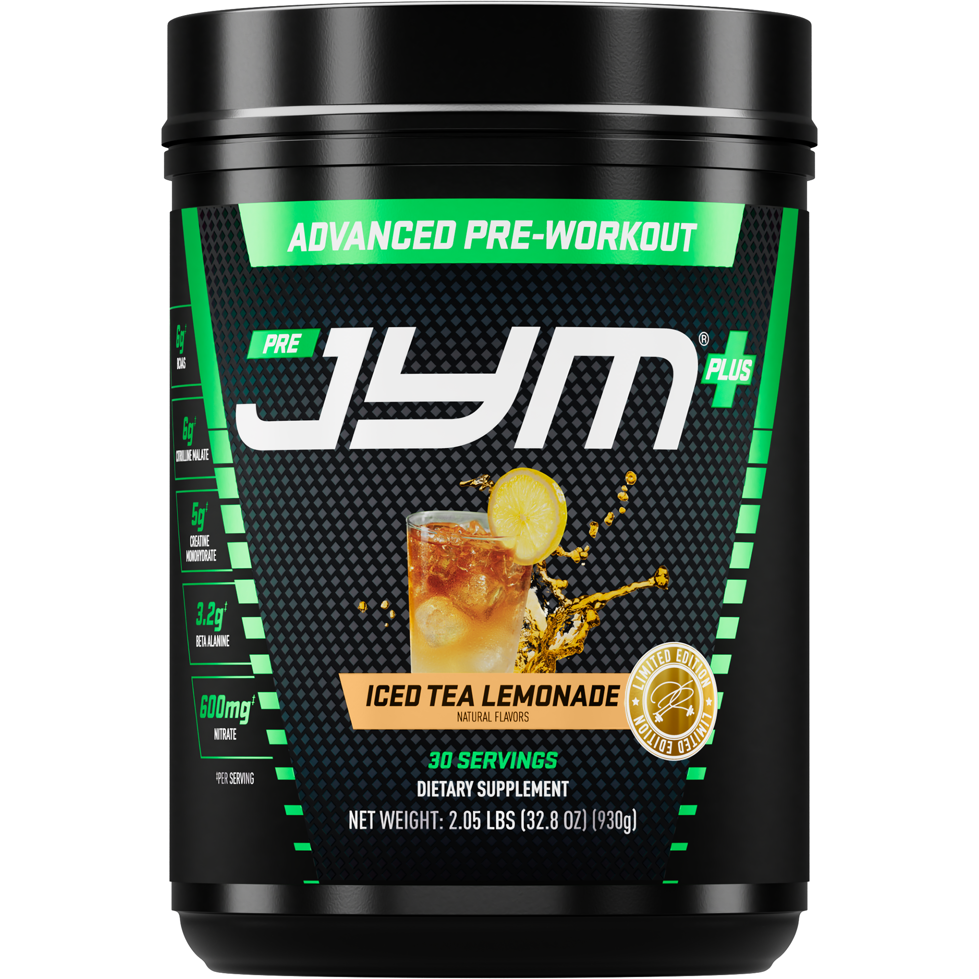Pre JYM Plus Advanced Pre-Workout supplement container with iced tea lemonade flavor on a white background