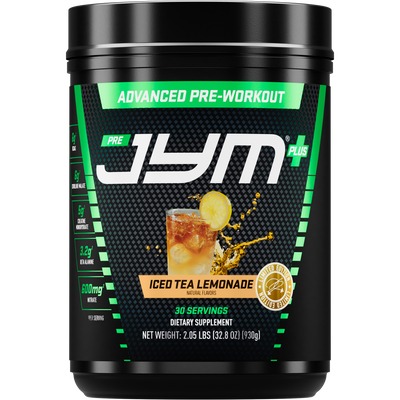 Pre JYM Plus Advanced Pre-Workout supplement container with iced tea lemonade flavor on a white background