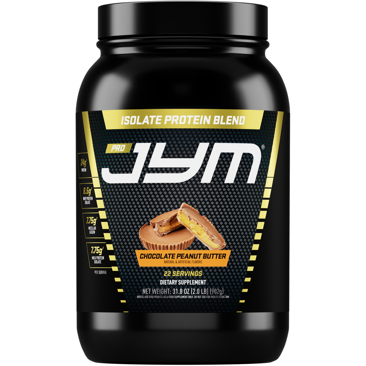 Pro JYM Protein Powder 2 lb black tub, Chocolate Peanut Butter flavor, 22 servings, front label with peanut butter cups.