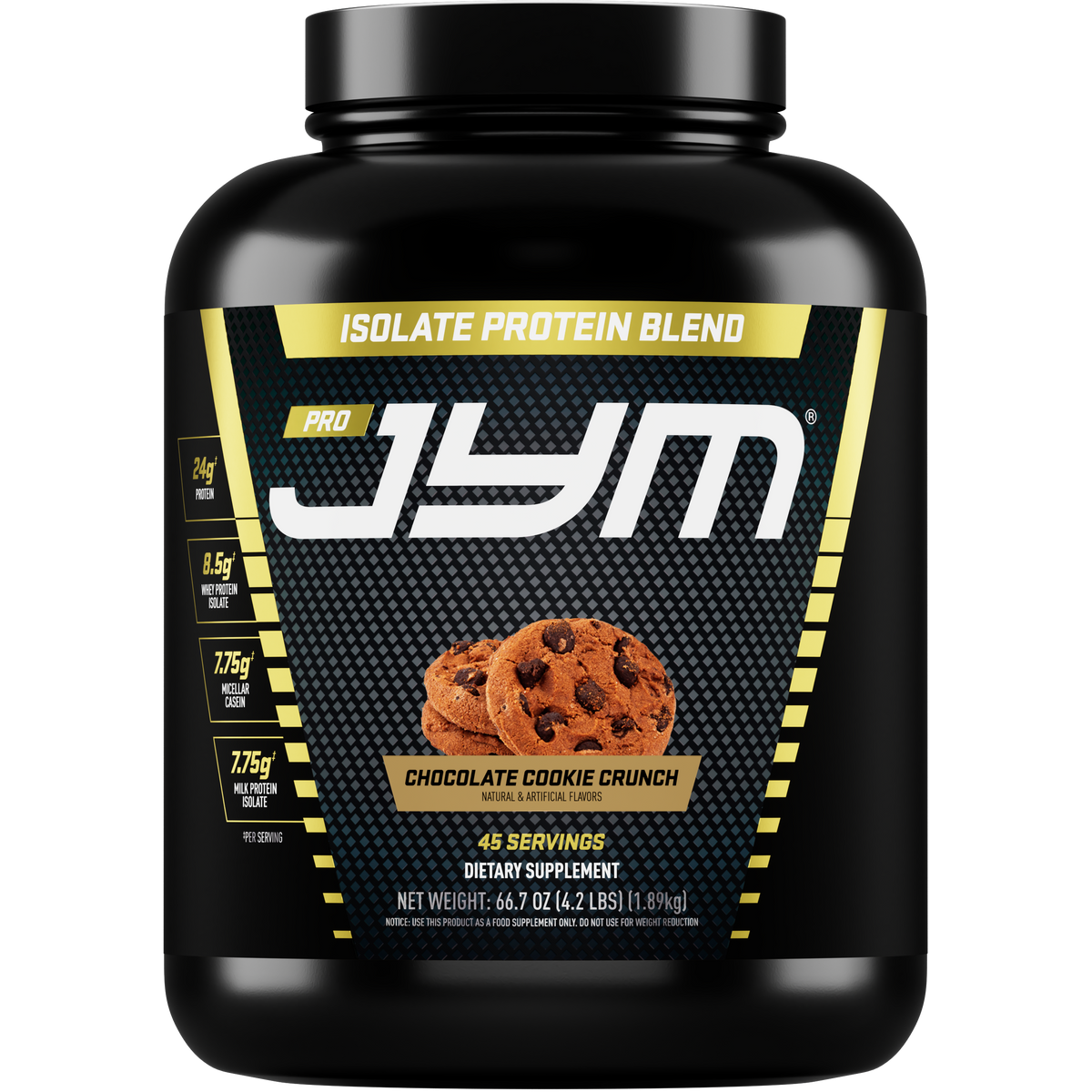 A black tub of JYM Pro Protein Blend in Chocolate Cookie Crunch flavor. - image 13 of 37