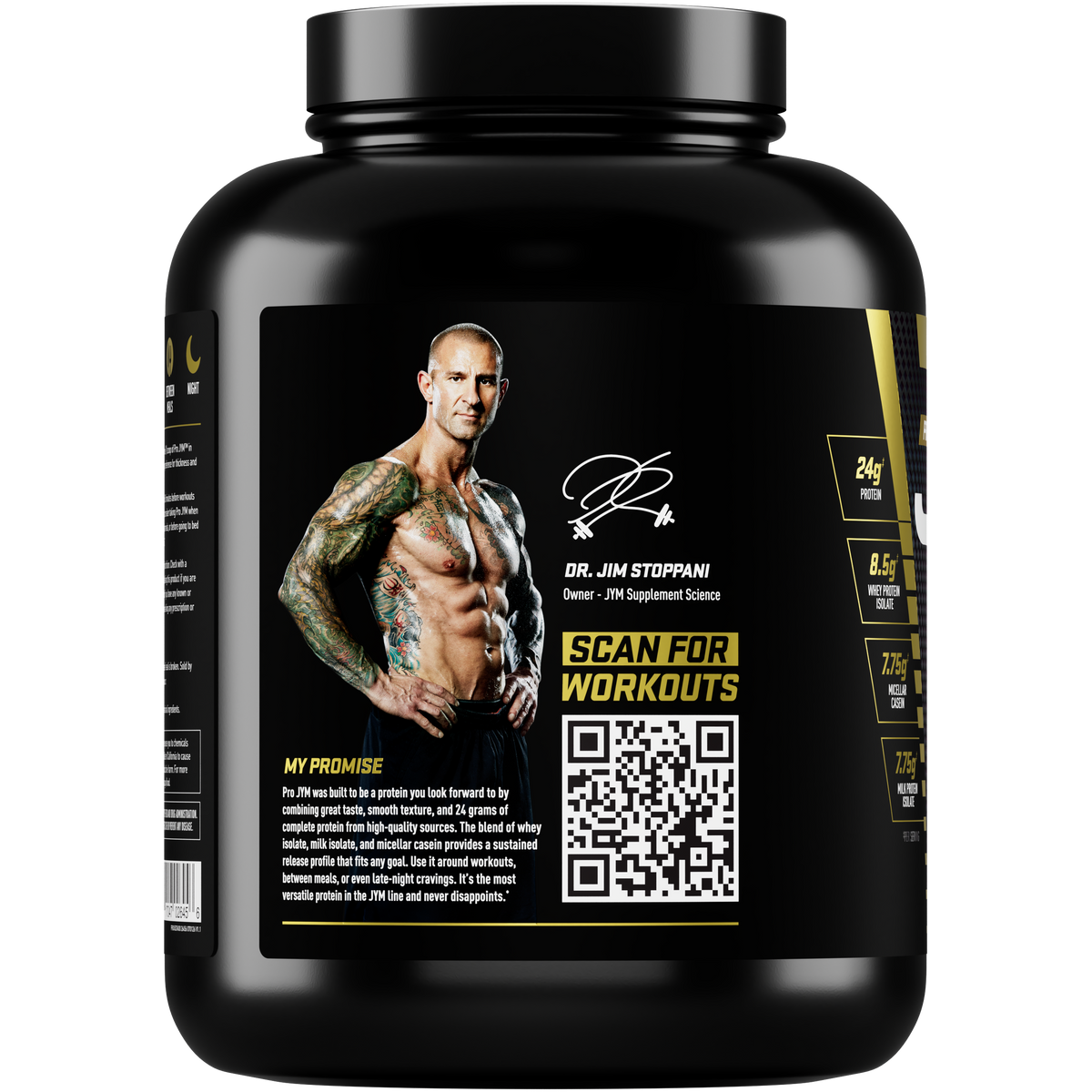 A large black tub of Dr. Jim Stoppani Scan For Workouts protein powder supplement, featuring a black label with a photo of the trainer, a QR code, and gold accents - image 15 of 37