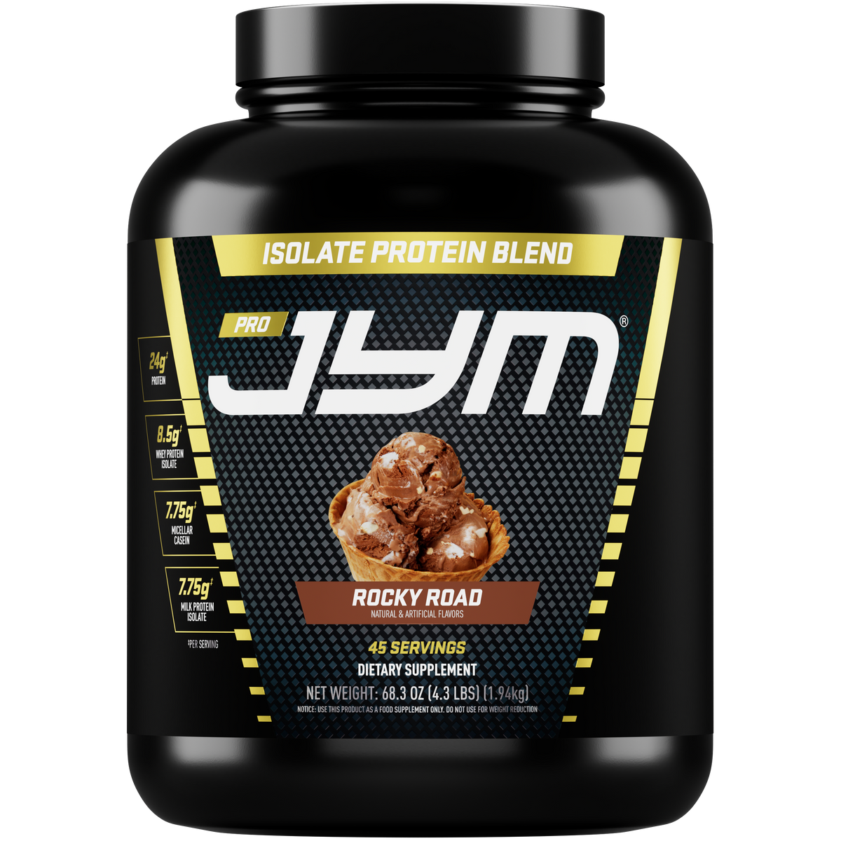 Pro JYM Protein Powder 4.3 lb black tub, Rocky Road flavor, 45 servings, front label with ice cream graphic. - image 11 of 40