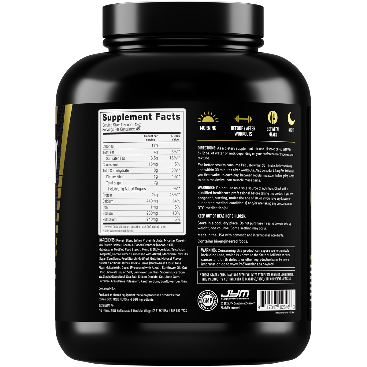 Pro JYM Protein Powder 45-serving Rocky Road tub, side view showing Supplement Facts, ingredients, directions, and warnings. - image 12 of 40