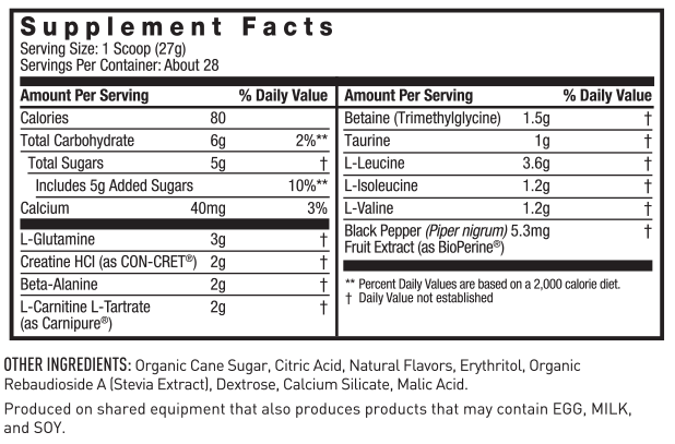 Naturally Sweetened Post JYM BCAAs+ Recovery Matrix Supplement Facts