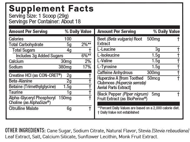 Naturally Sweetened Pre JYM Supplement Facts