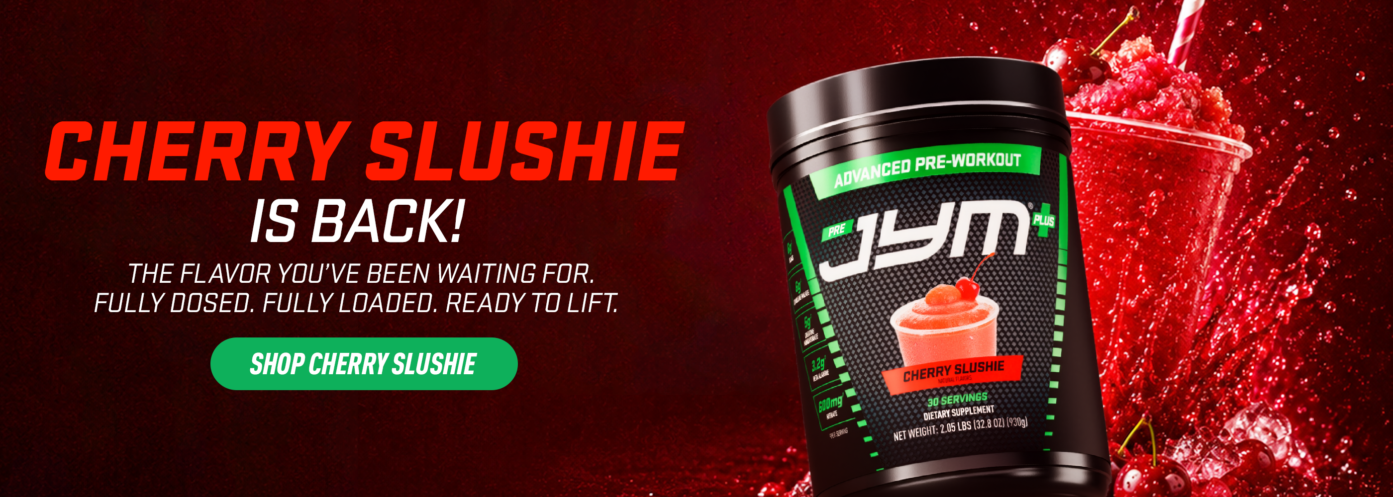 JYM pre-workout supplement container with cherry slushie flavor on a red background