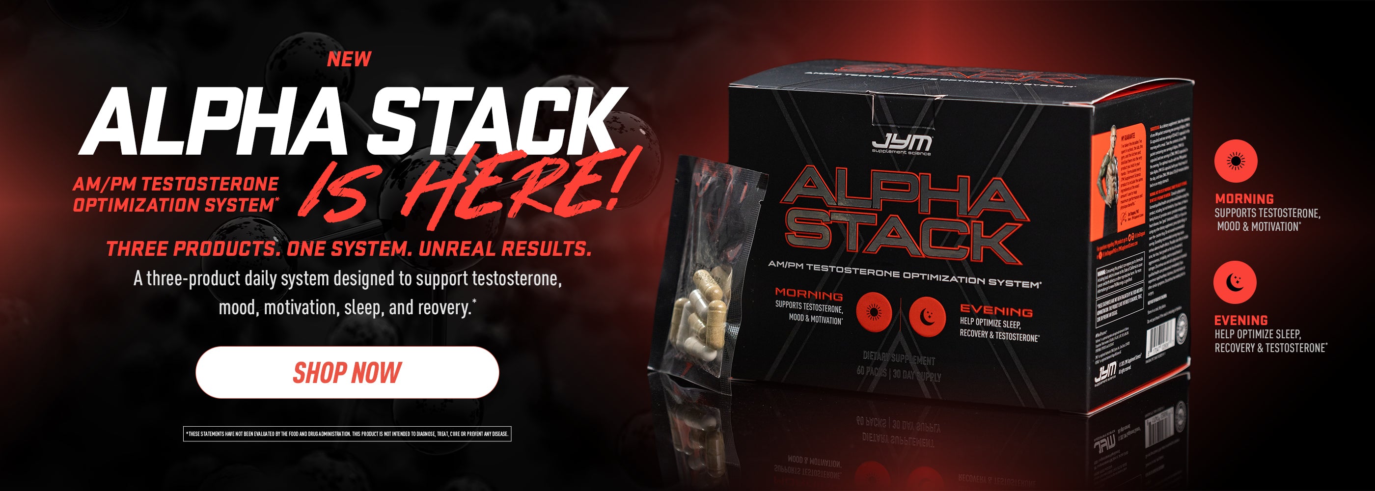 Alpha Stack supplement packaging with promotional text on a dark background