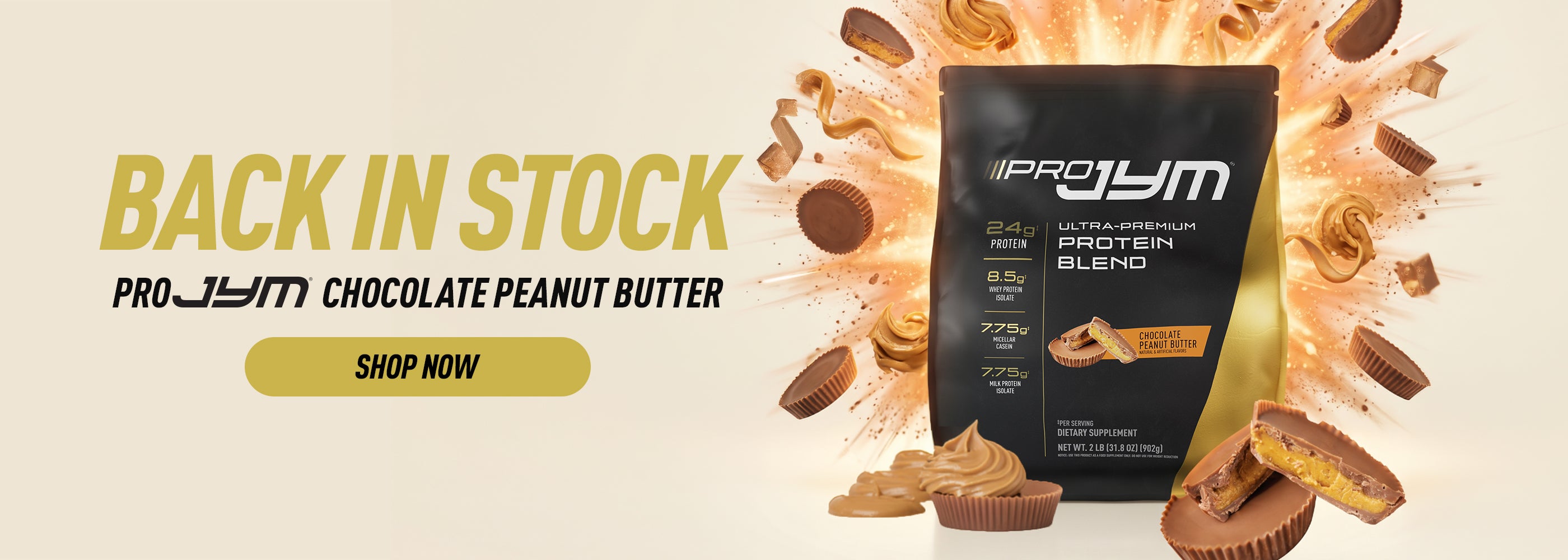 Pro Jym chocolate peanut butter supplement with promotional text on a light background