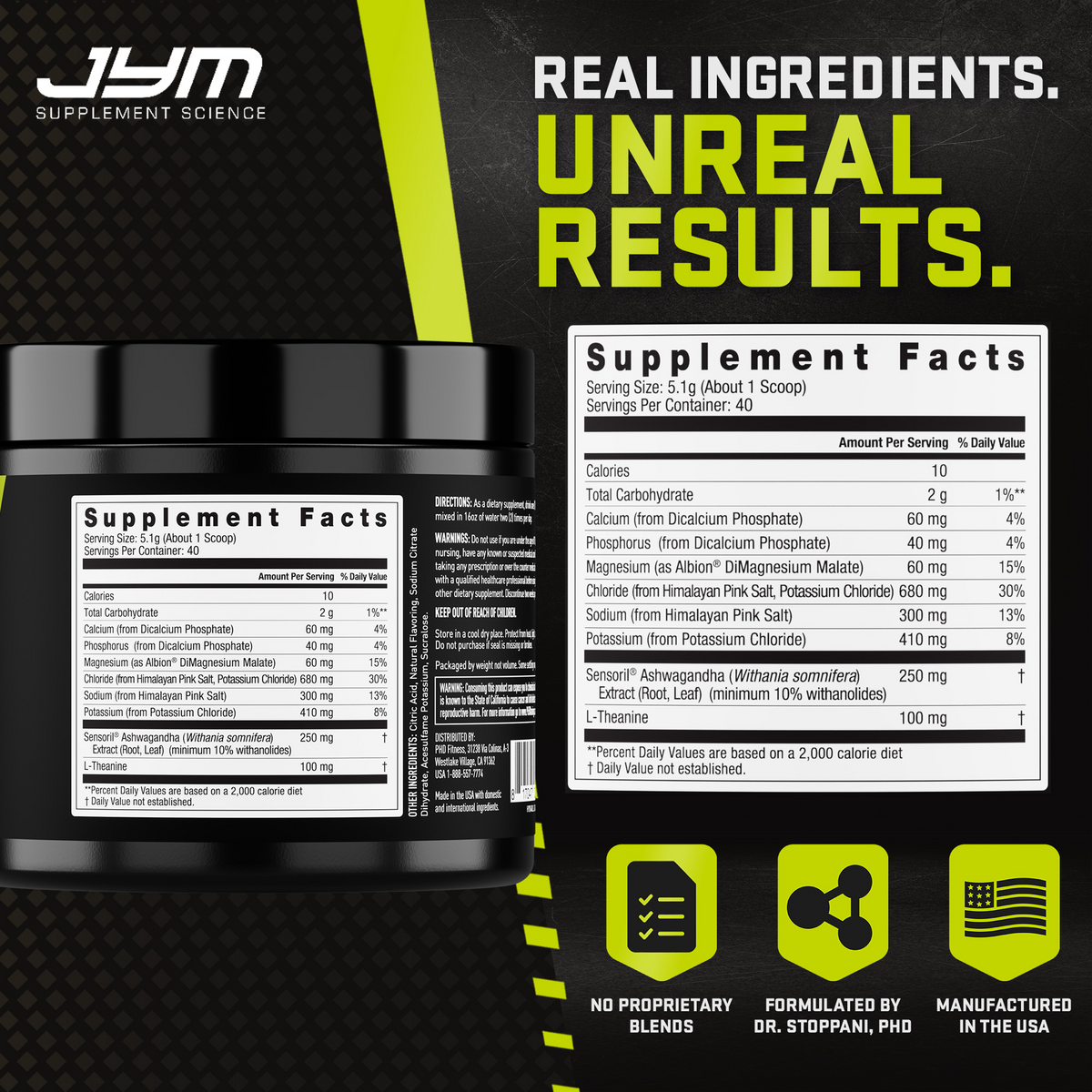 JYM Hydration Lemon Lime tub back and Supplement Facts panel. No proprietary blends, formulated by Dr. Stoppani, manufactured in the USA. - image 4 of 10