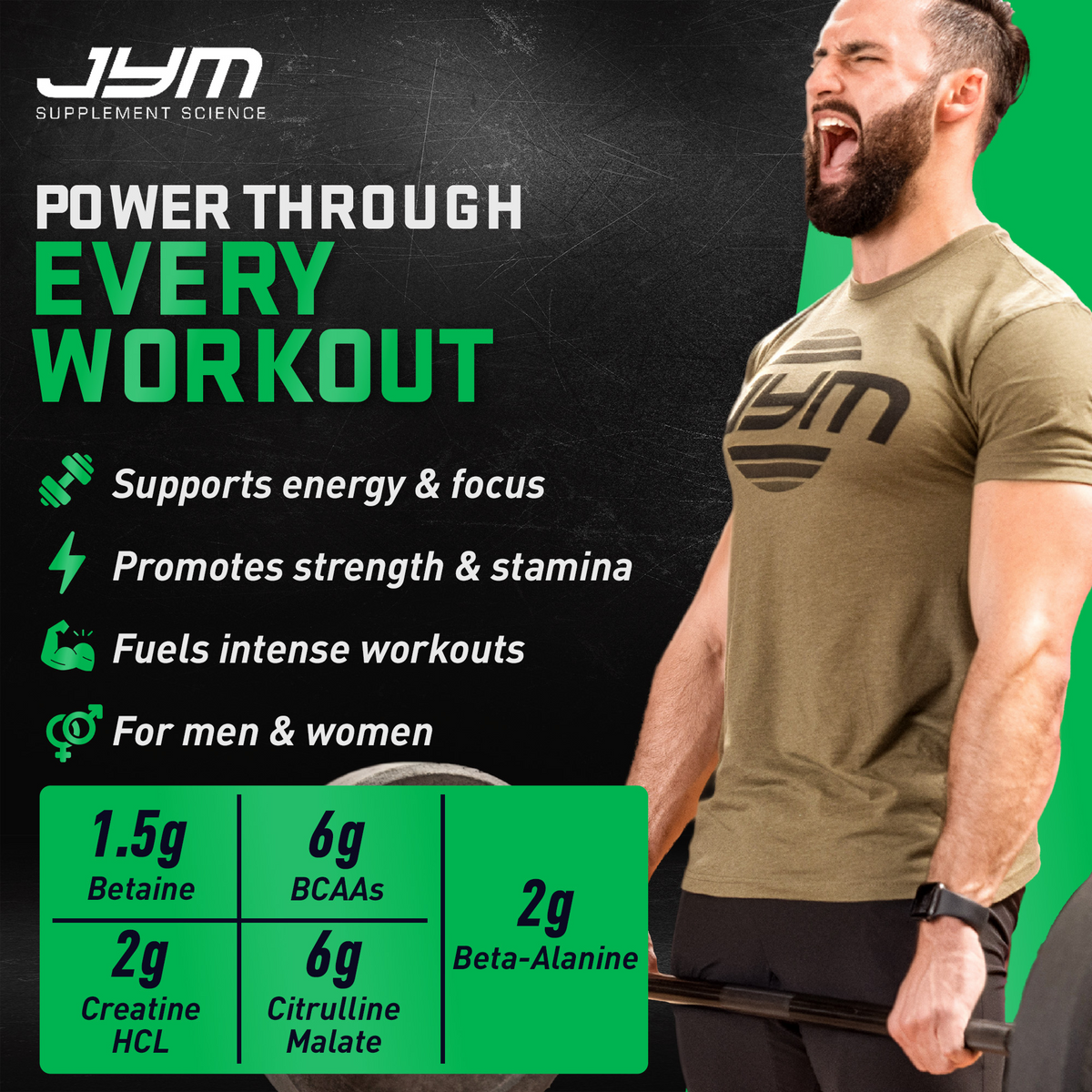 Pre JYM Black Cherry: "Power through every workout." 1.5g betaine, 6g BCAAs, 2g creatine HCl, 6g citrulline malate, 2g beta-alanine per serving. - image 61 of 93
