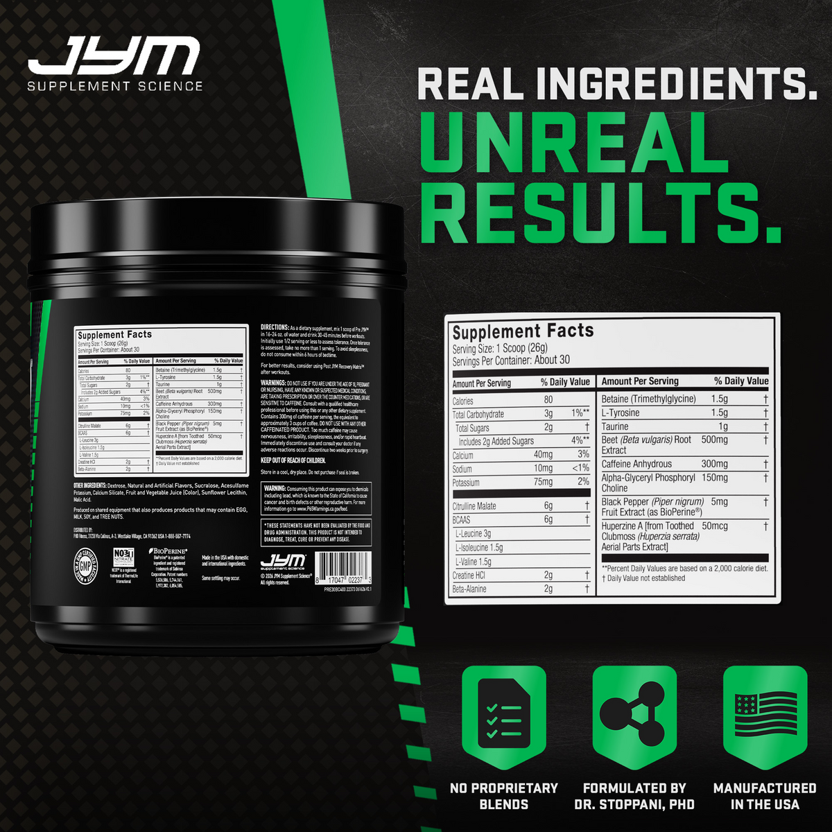 Pre JYM Black Cherry tub back and Supplement Facts panel. No proprietary blends, formulated by Dr. Stoppani, manufactured in the USA. - image 62 of 93