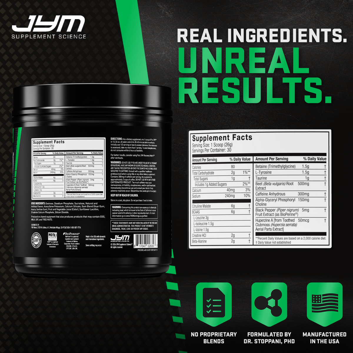 Pre JYM Cherry Limeade tub back and Supplement Facts panel. No proprietary blends, formulated by Dr. Stoppani, manufactured in the USA. - image 78 of 93