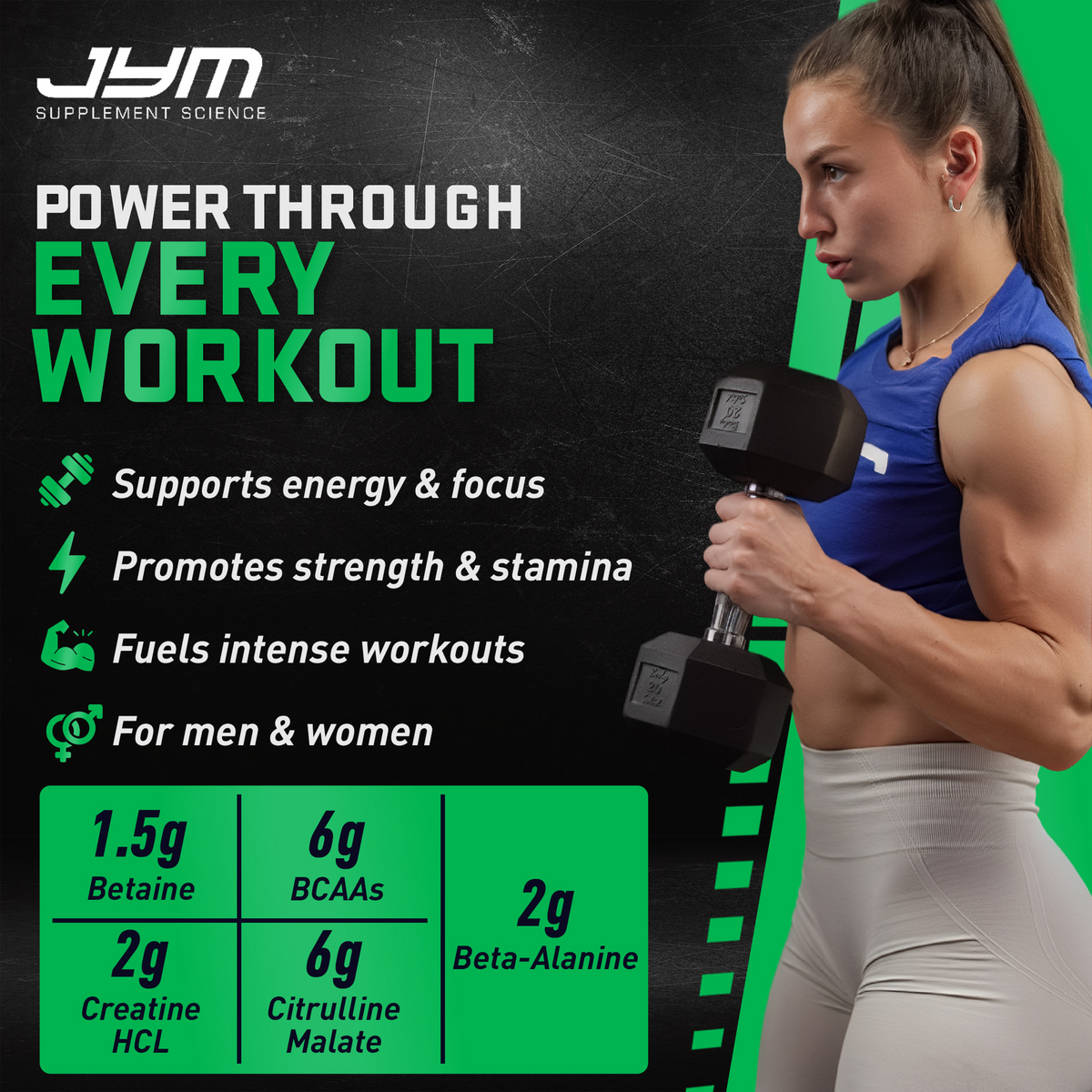 Pre JYM Grape Candy: "Power through every workout." 1.5g betaine, 6g BCAAs, 2g creatine HCl, 6g citrulline malate, 2g beta-alanine per serving. - image 6 of 93