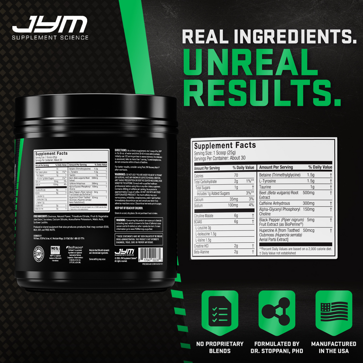 Pre JYM Grape Candy tub back and Supplement Facts panel. No proprietary blends, formulated by Dr. Stoppani, manufactured in the USA. - image 7 of 93