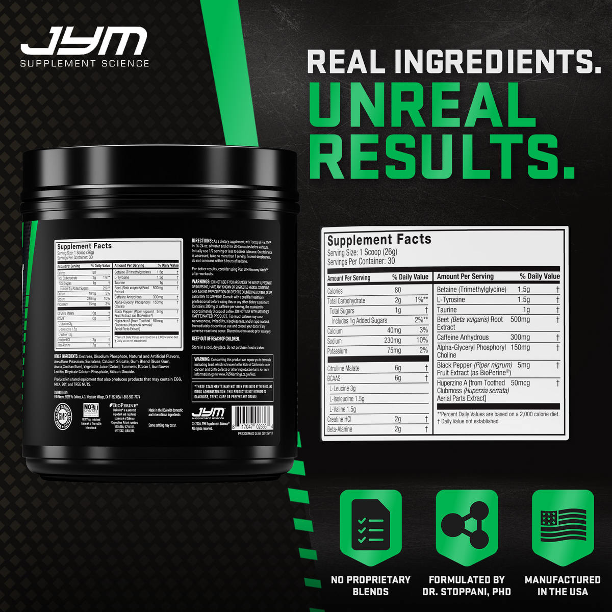 Pre JYM Orange Mango tub back and Supplement Facts panel. No proprietary blends, formulated by Dr. Stoppani, manufactured in the USA. - image 87 of 93