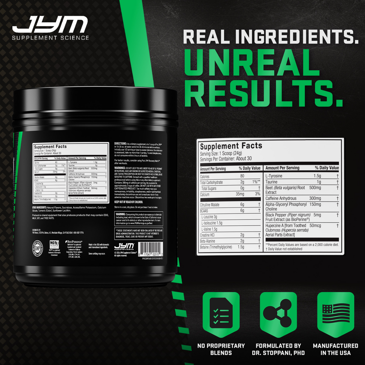 Pre JYM Peach Sunrise tub back and Supplement Facts panel. No proprietary blends, formulated by Dr. Stoppani, manufactured in the USA. - image 24 of 93