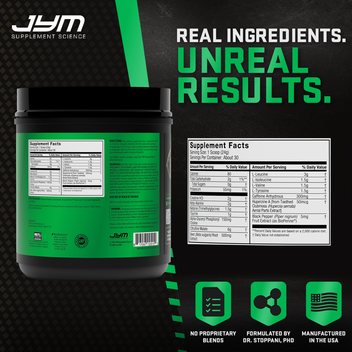 Pre JYM Pink Lemonade tub back and Supplement Facts panel. No proprietary blends, formulated by Dr. Stoppani, manufactured in the USA. - image 33 of 93