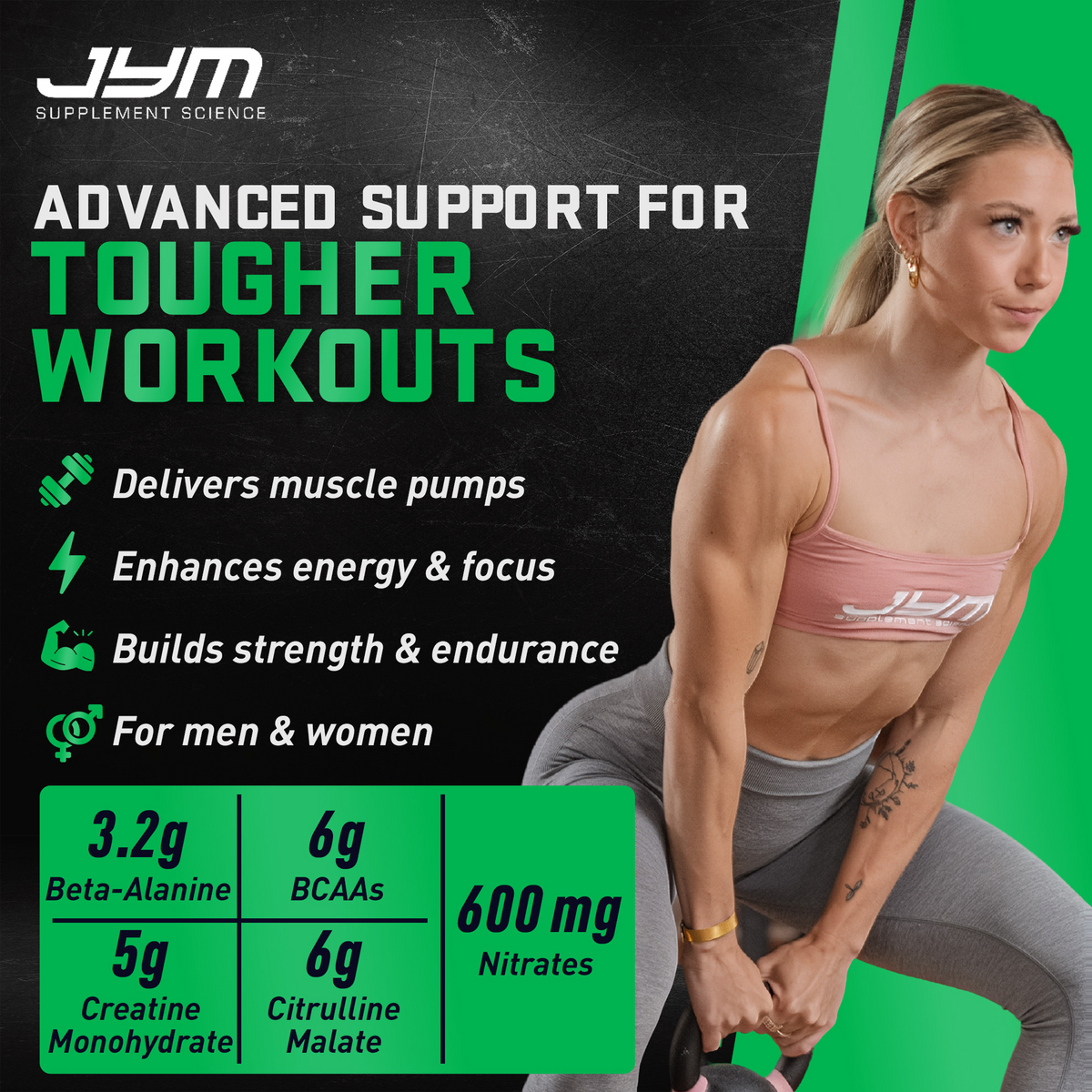 Pre JYM Plus Cherry Slushie: "Advanced support for tougher workouts." 3.2g beta-alanine, 6g BCAAs, 5g creatine monohydrate, 6g citrulline malate, 600mg nitrates. - image 10 of 37