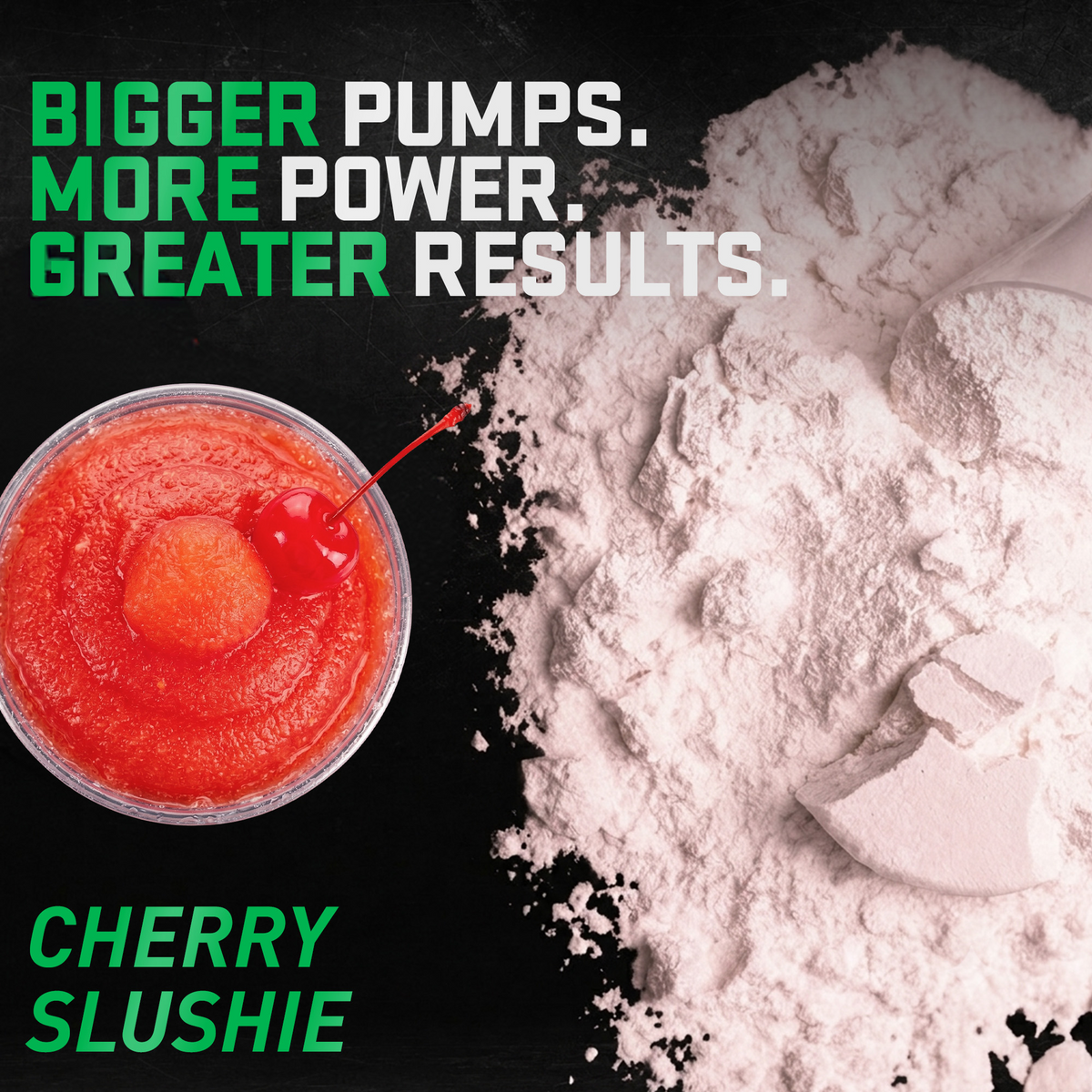 Pre JYM Plus Cherry Slushie powder with a cherry slushie: "Bigger pumps. More power. Greater results." - image 13 of 37