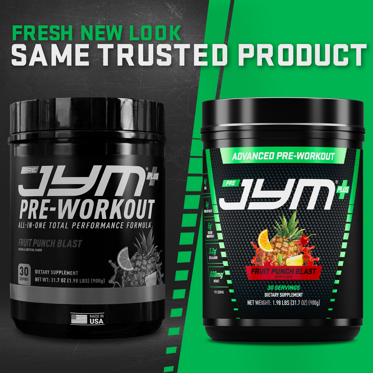 Pre JYM Plus Fruit Punch Blast pre-workout: current tub beside the new-look tub, headline "Fresh new look, same trusted product." - image 29 of 37