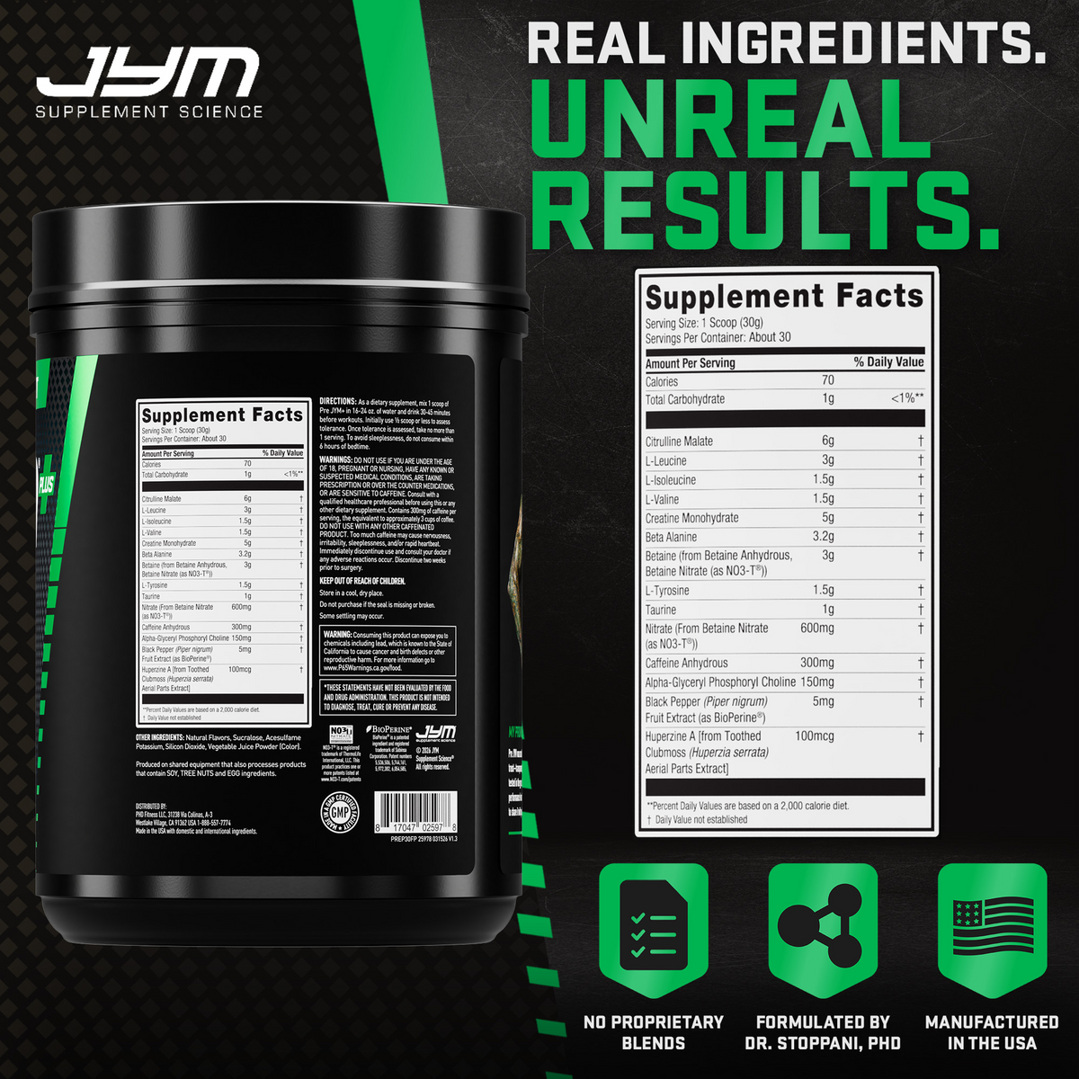 Pre JYM Plus Fruit Punch Blast tub back and Supplement Facts panel. No proprietary blends, formulated by Dr. Stoppani, manufactured in the USA. - image 31 of 37