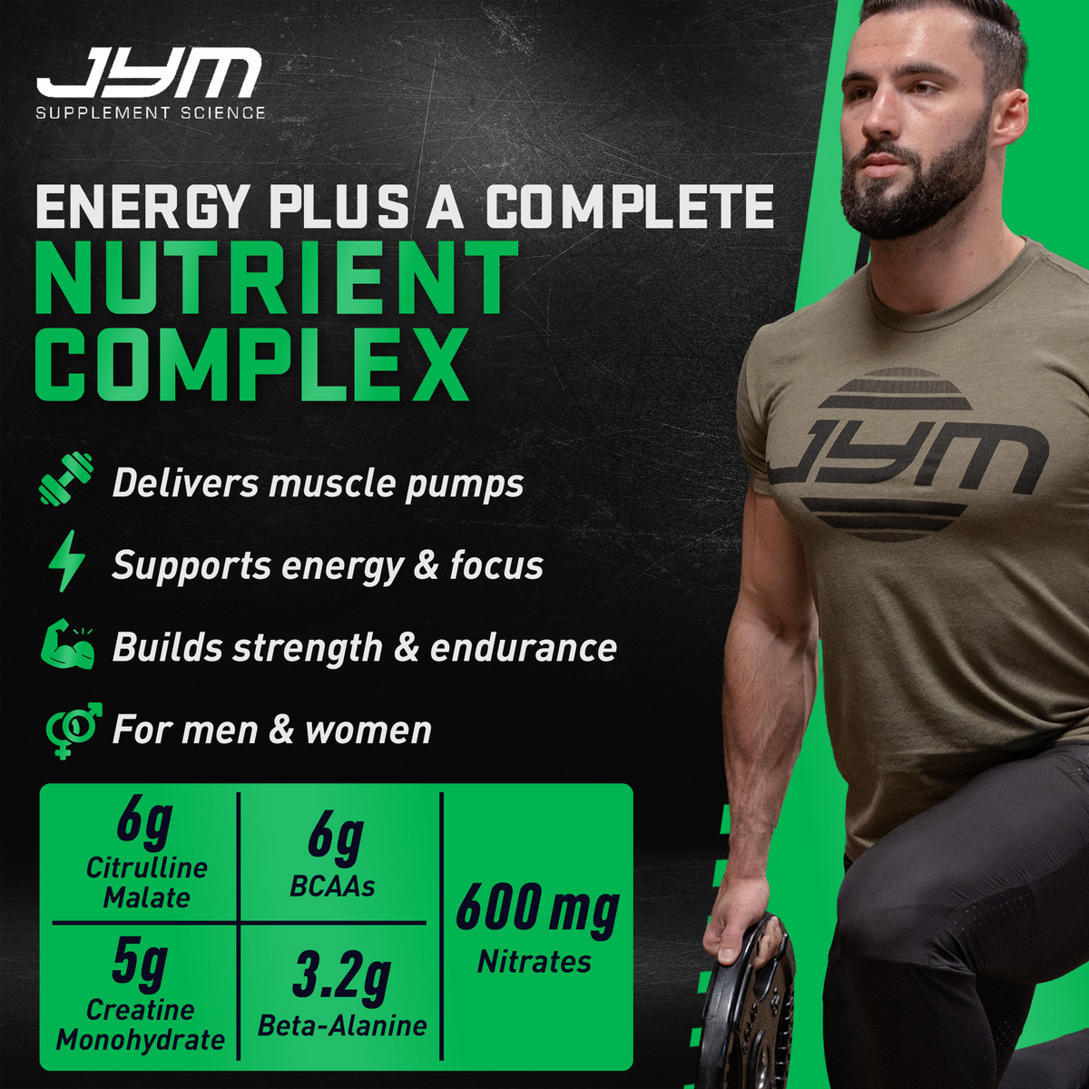 Pre JYM Plus Juicy Orange: "Energy plus a complete nutrient complex." 6g citrulline malate, 6g BCAAs, 5g creatine, 3.2g beta-alanine, 600mg nitrates. - image 20 of 37