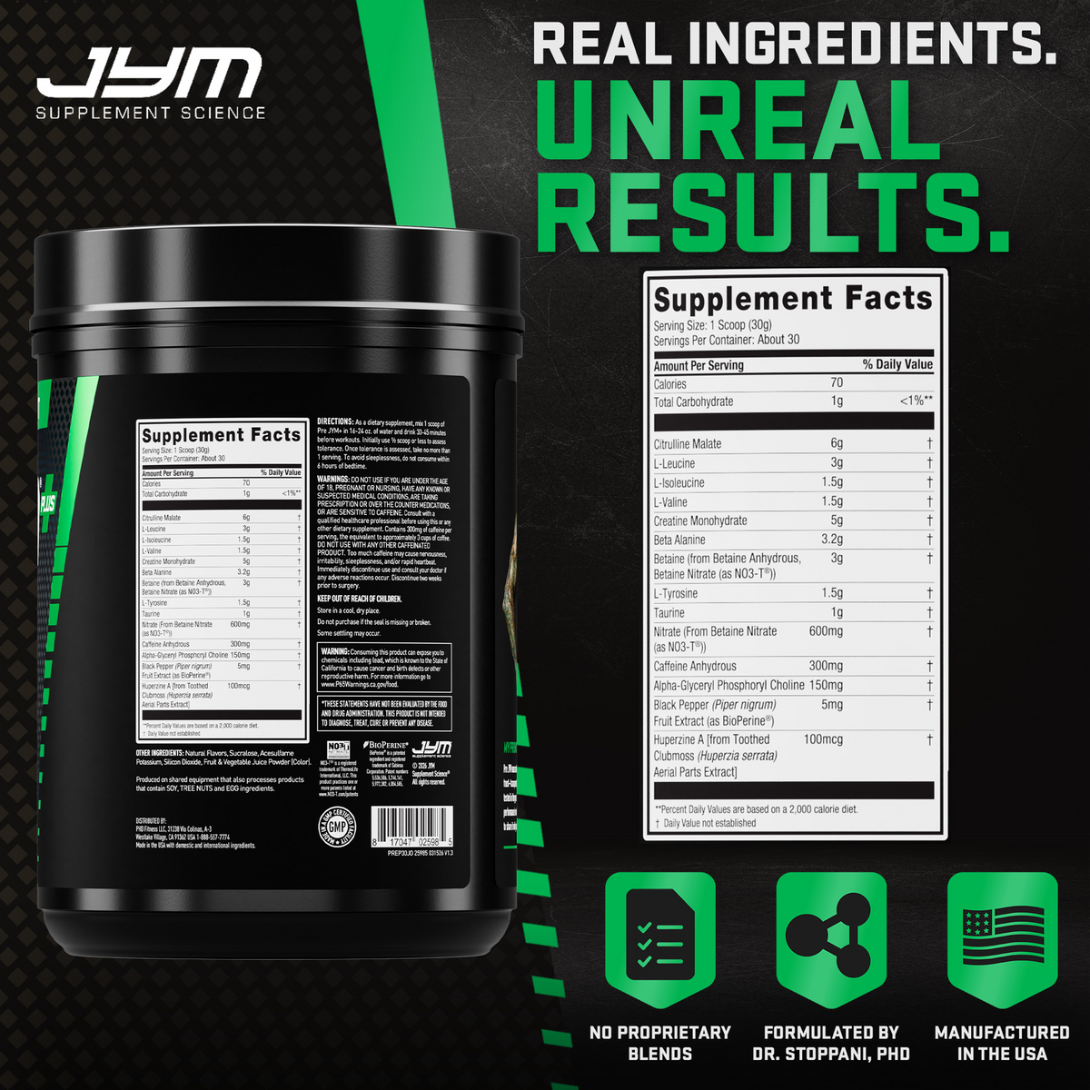 Pre JYM Plus Juicy Orange tub back and Supplement Facts panel. No proprietary blends, formulated by Dr. Stoppani, manufactured in the USA. - image 21 of 37