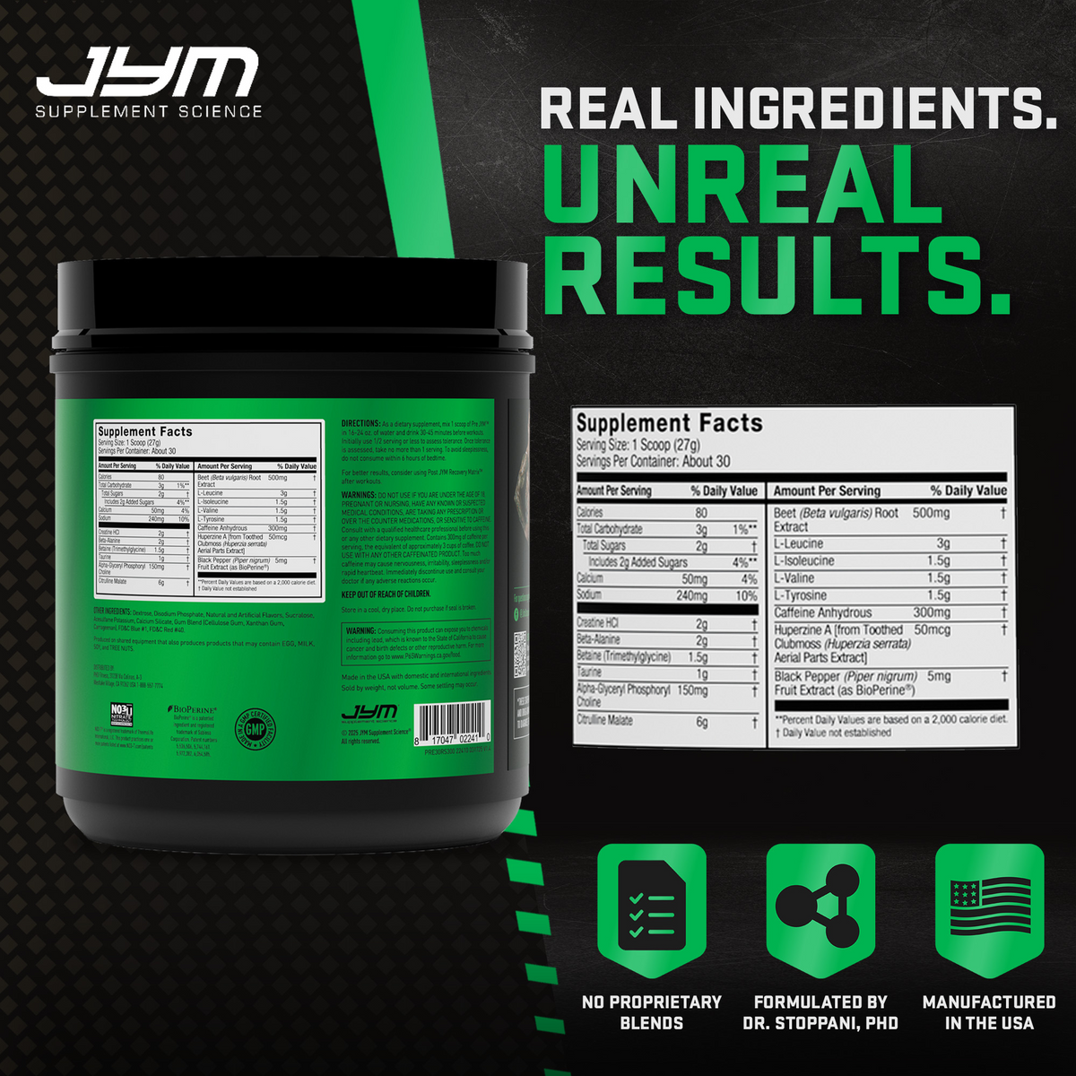 Pre JYM Rainbow Sherbet tub back and Supplement Facts panel. No proprietary blends, formulated by Dr. Stoppani, manufactured in the USA. - image 42 of 93