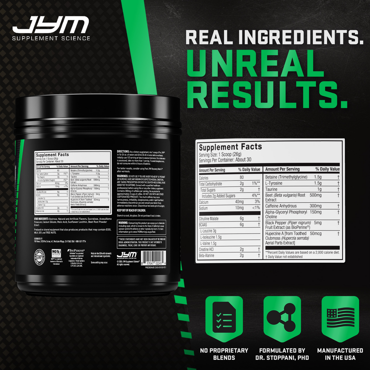 Pre JYM Strawberry Kiwi tub back and Supplement Facts panel. No proprietary blends, formulated by Dr. Stoppani, manufactured in the USA. - image 52 of 93