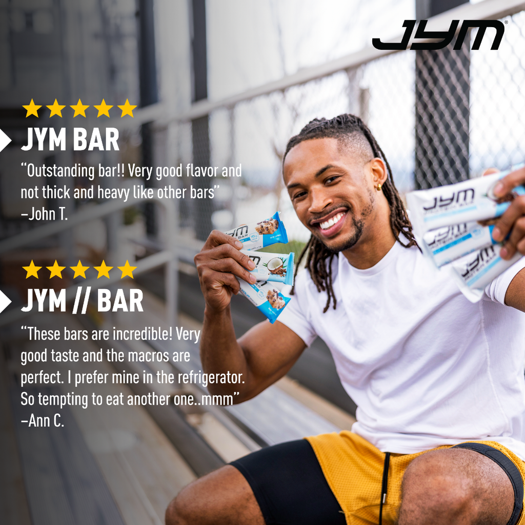 JYM Protein Bar Reviews with male athlete
