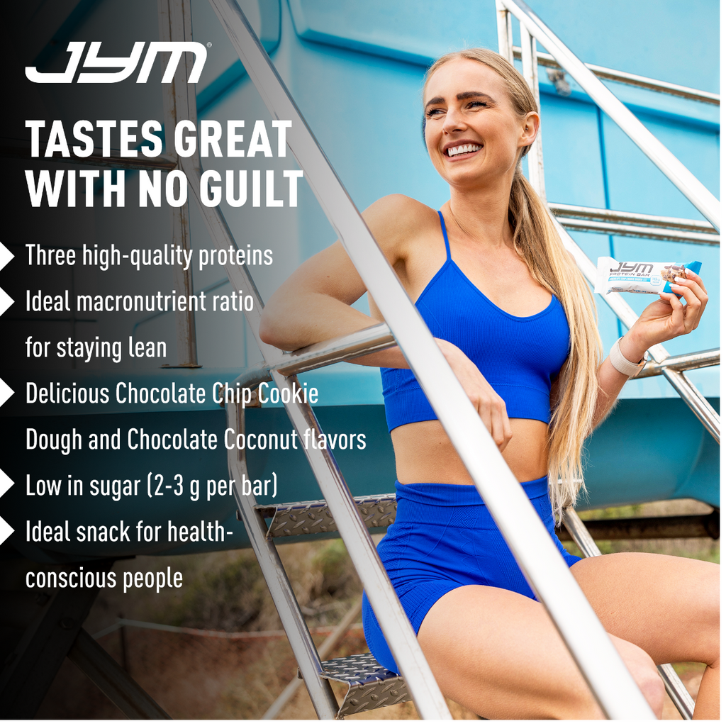 JYM Protein Bar features list with female athlete
